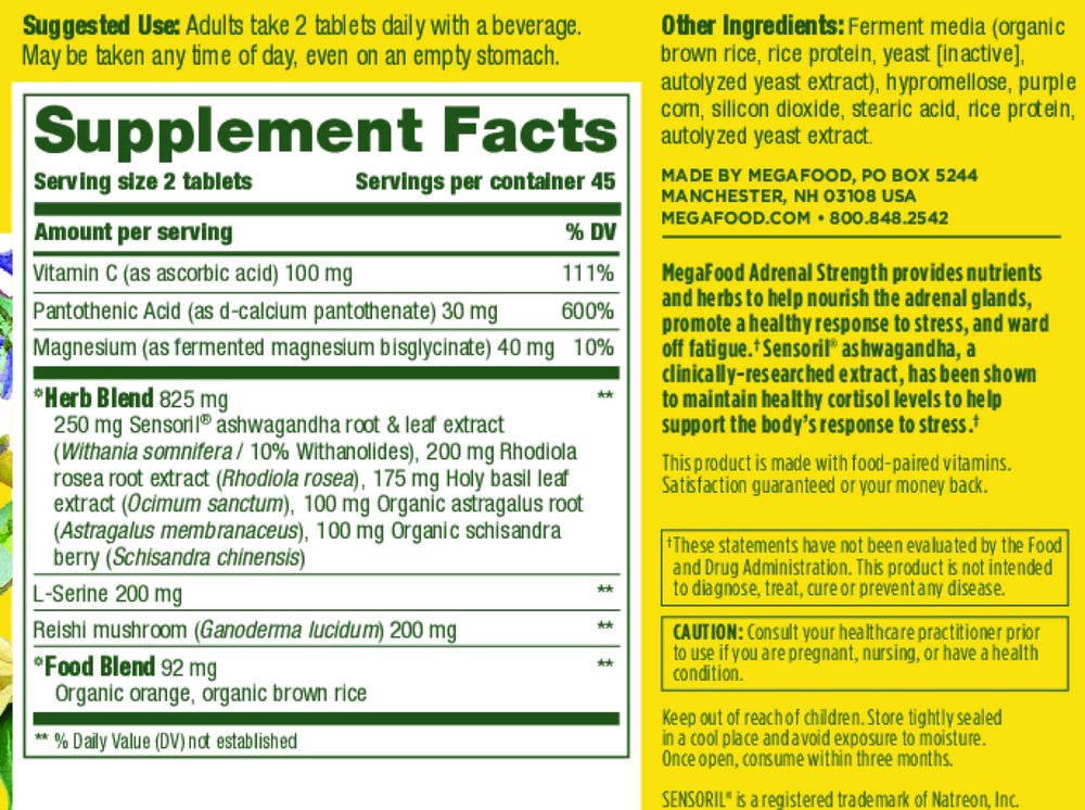 Adrenal Strength Supplement Facts Label