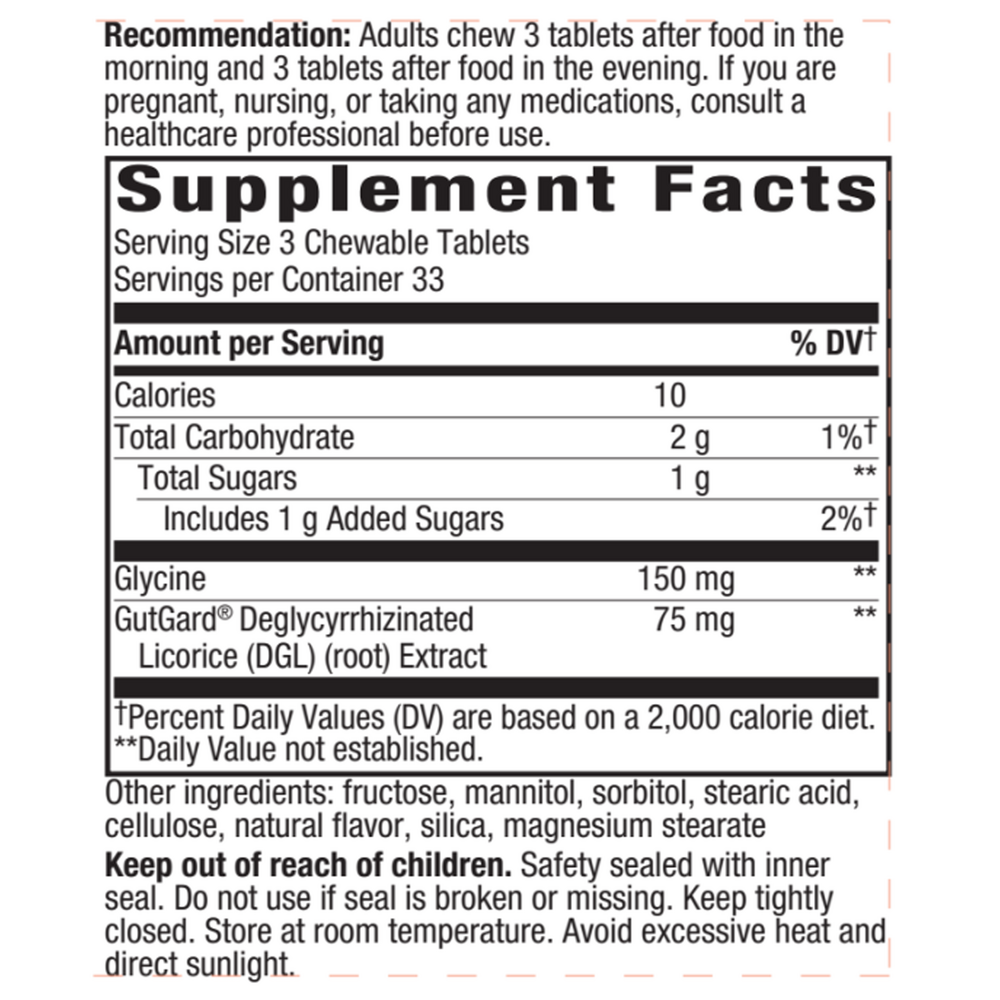 DGL 100 chew tabs Supplement Facts Label