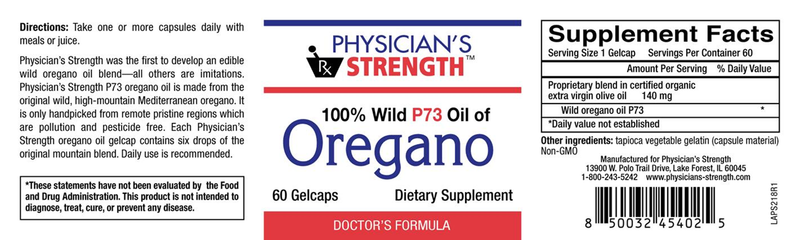 100% Wild Oil of Oregano Softgels (Physicians Strength) label