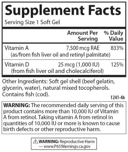 A & D 25000 IU & 1000 IU Supplement Facts Label