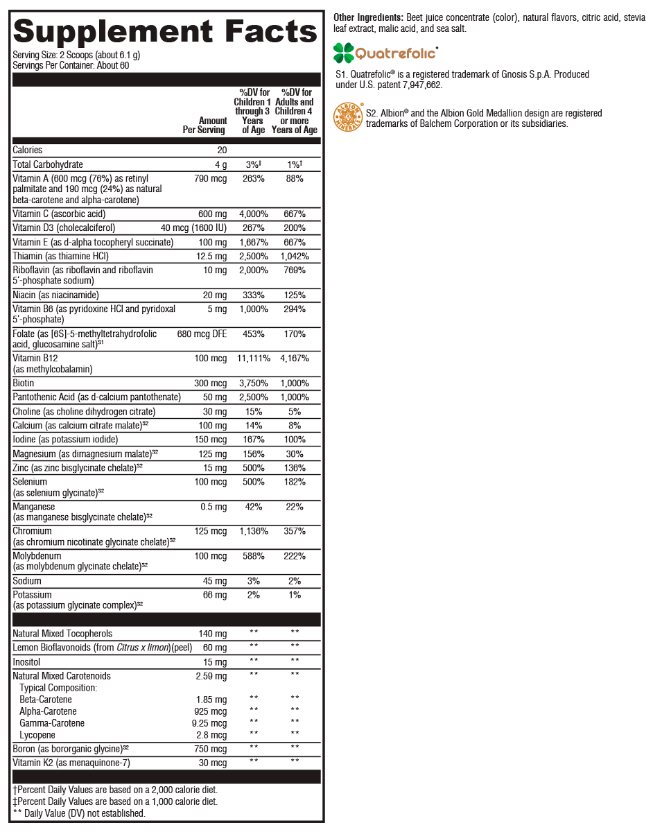 ActivNutrients® without Copper & Iron Multivitamin Powder Fruit Punch Supplement Facts Label