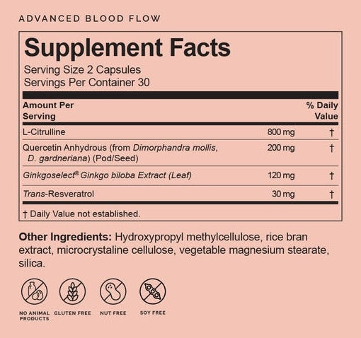 Advanced Blood Flow Supplement Facts Label