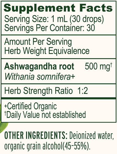 Ashwagandha Liquid Extract Organic Supplement Facts Label