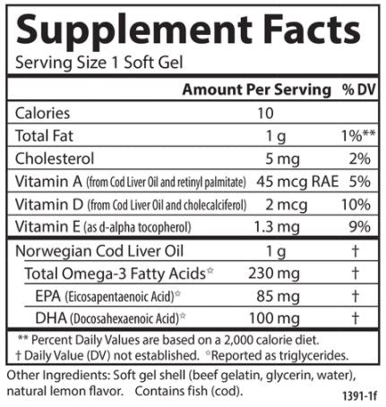 Cod Liver Oil Low Vitamin A Lemon Supplement Facts Label