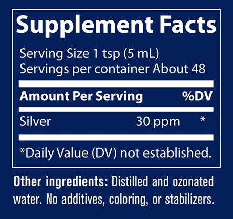 Colloidal Silver 30 ppm Supplement Facts Label