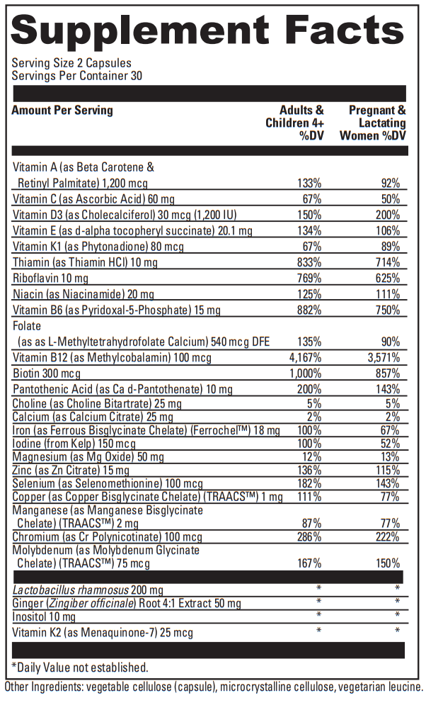 Daily Best Prenatal Supplement Facts Label