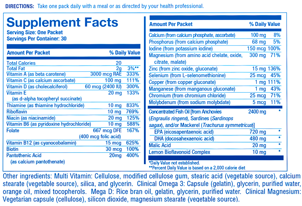 Essential Nutrition Pack Supplement Facts Label