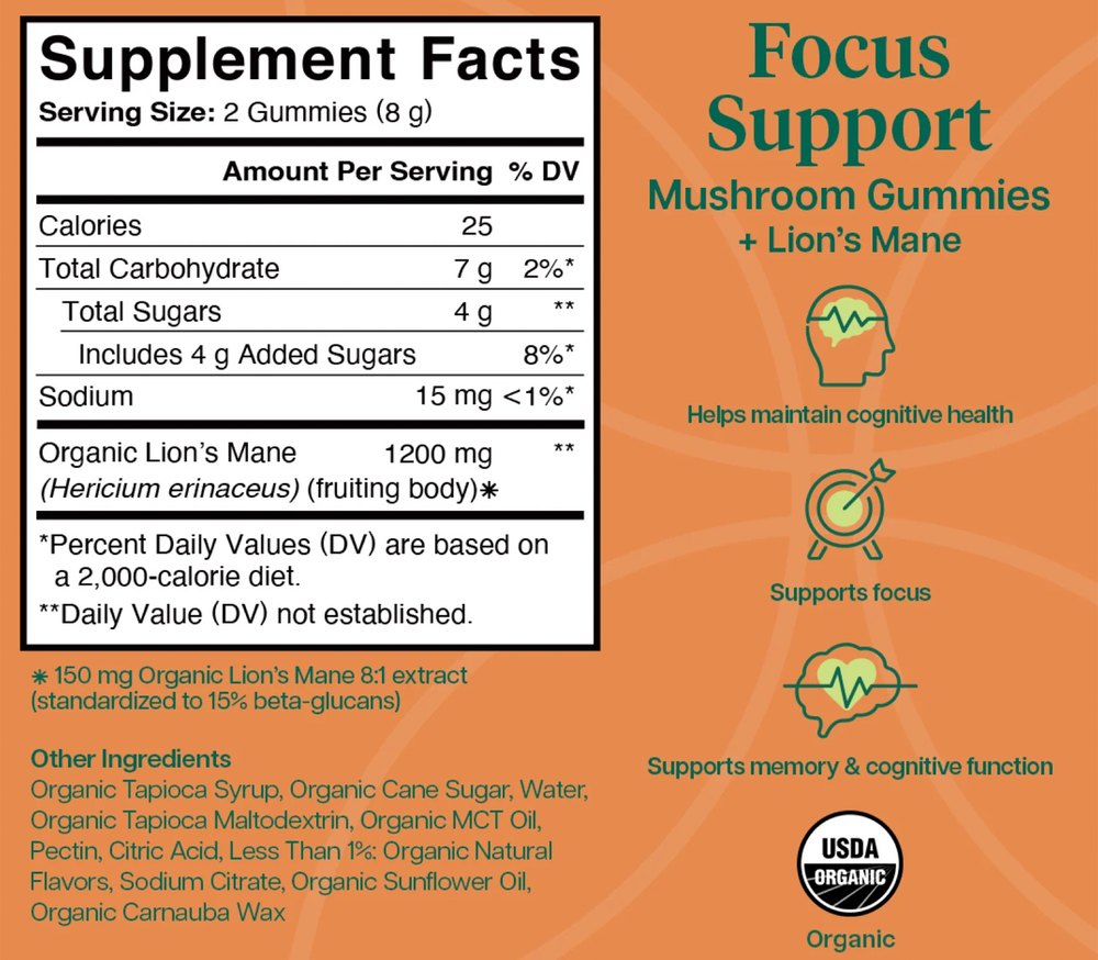 Lion's Mane Focus Support Gummy Supplement Facts Label