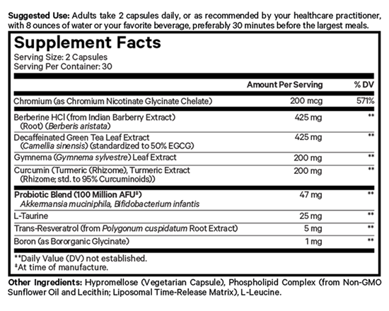 GLP-Advantage+ Metabolic Support Capsules Supplement Facts Label