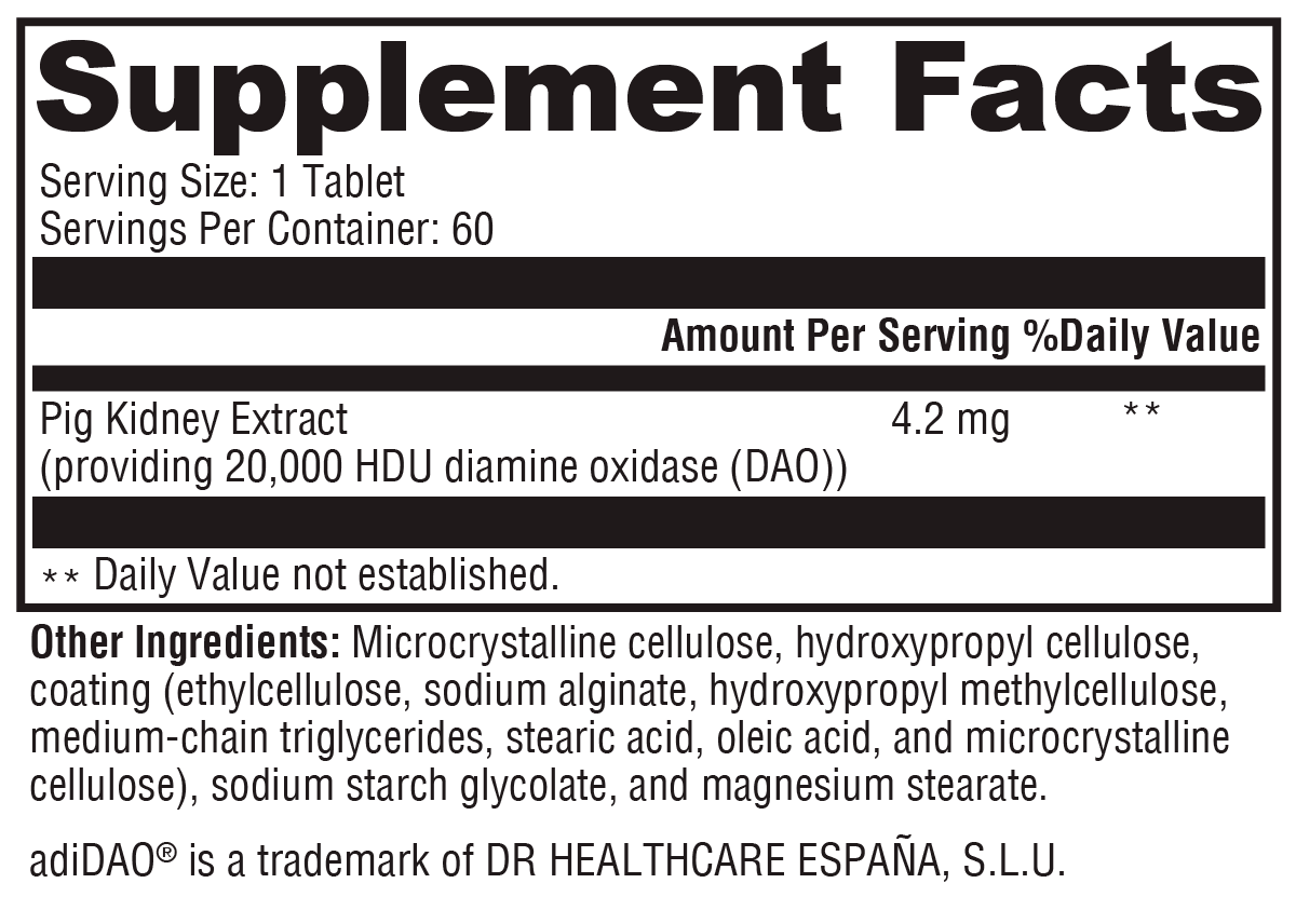 HistDAO™ Supplement Facts Label
