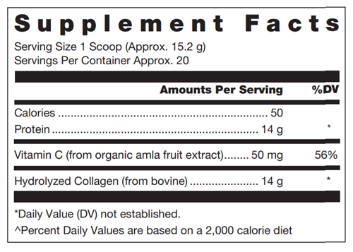 Klean Collagen+C Unflavored Supplement Facts Label