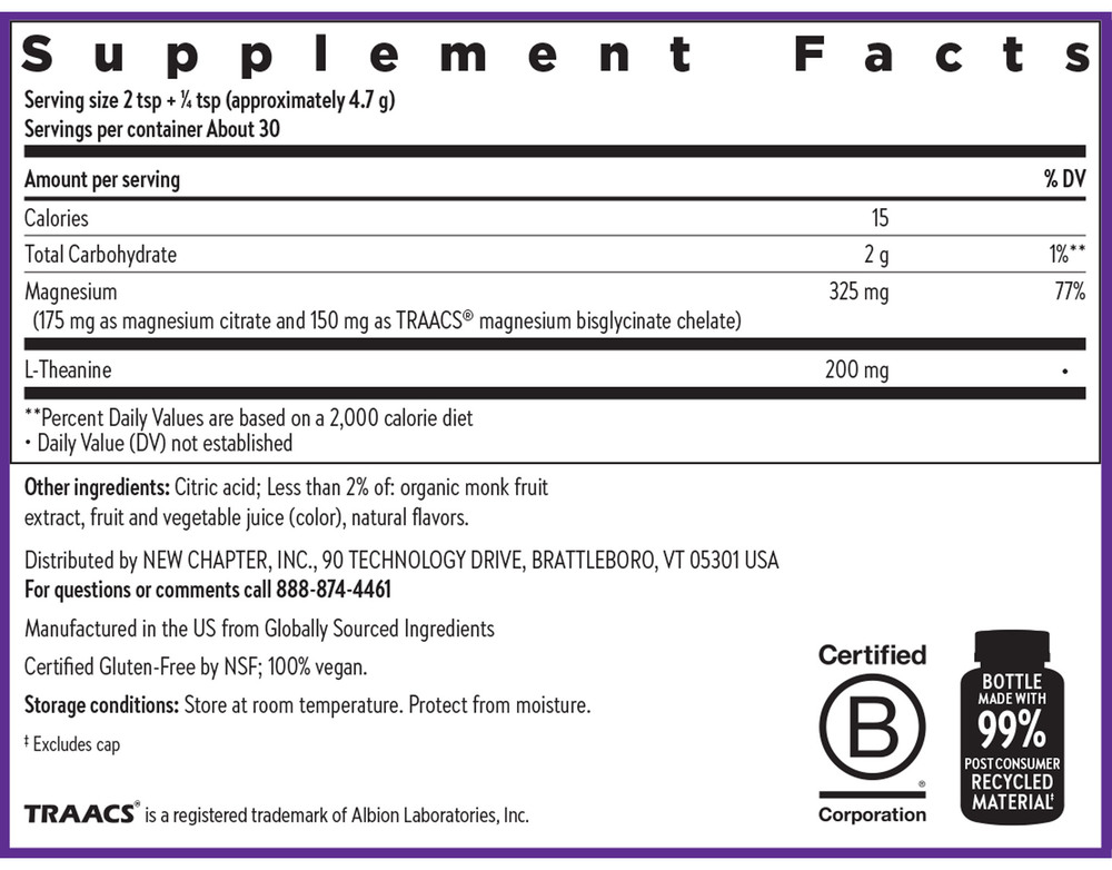 Magnesium + L-Theanine Powder Supplement Facts Label