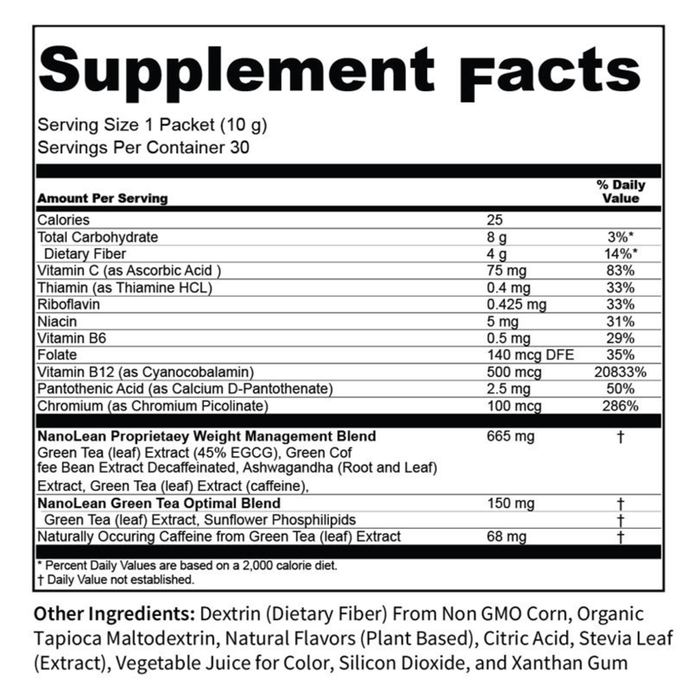 NanoLean Berry Supplement Facts Label