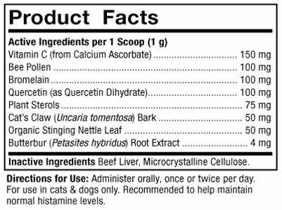 BACKORDER ONLY - Pet Seasonal Support Supplement Facts Label