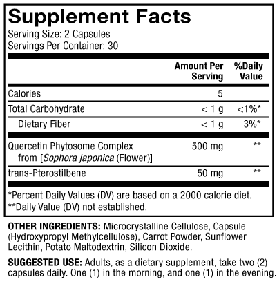 Quercetin and Pterostilbene Advanced Supplement Facts Label