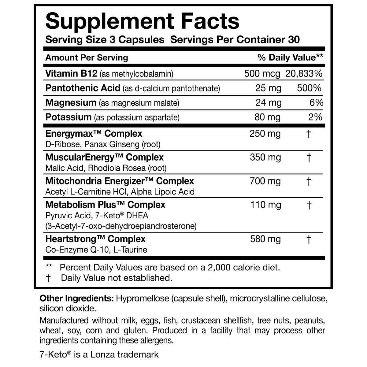 Energy Multi-Plex Supplement Facts Label