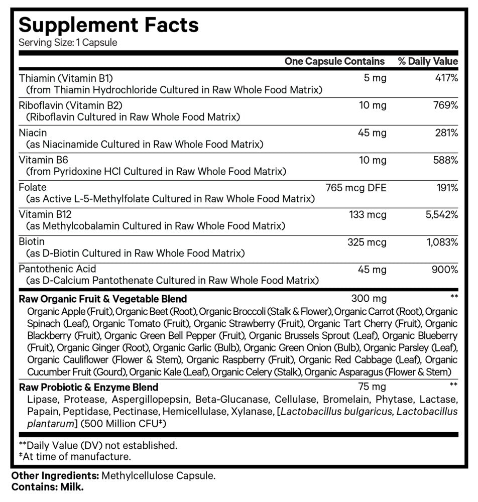 Raw Vitamin B Complex Supplement Facts Label