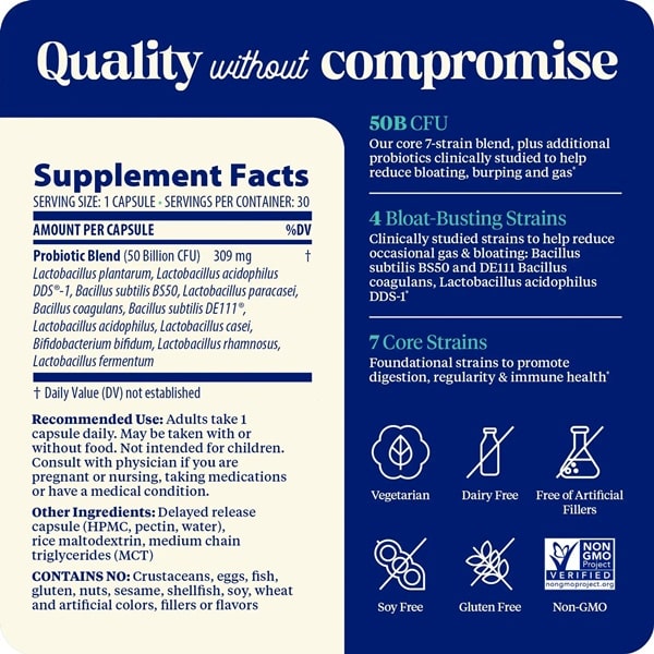 SubCulture Probiotic for Bloat Supplement Facts Label