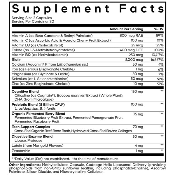 Teen Multivitamin+ Platinum Supplement Facts Label