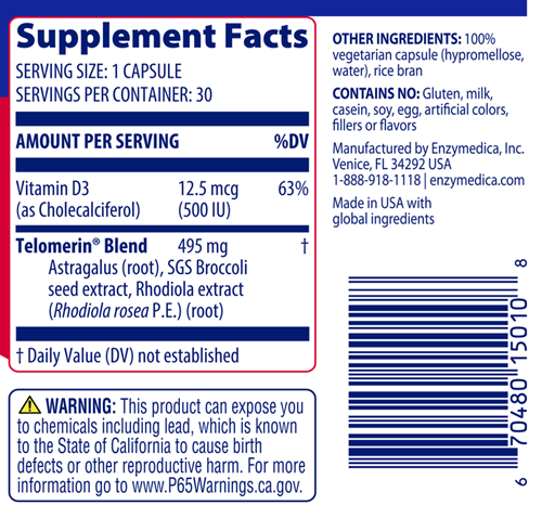 Telomere Plus Supplement Facts Label