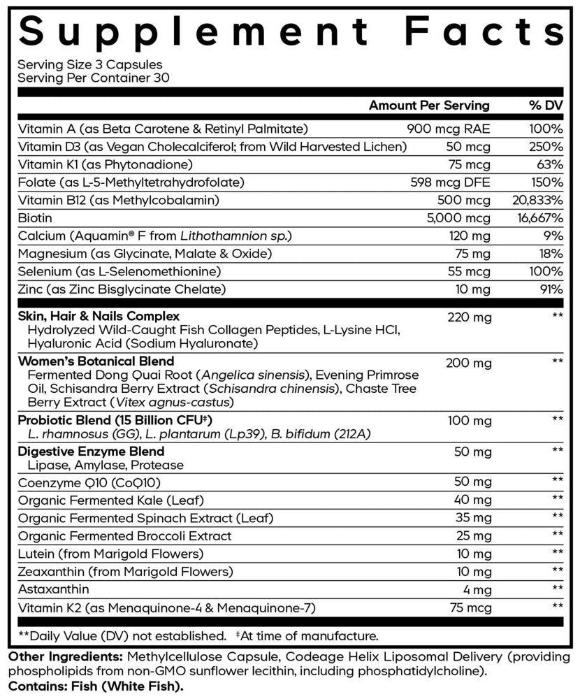 Women's Multivitamin Platinum Supplement Facts Label