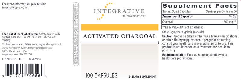 Activated Charcoal - 100 capsule bottle (Integrative Therapeutics) Label