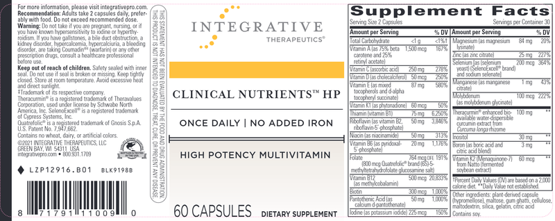 Clinical Nutrients Once Daily Multivitamin (Integrative Therapeutics) Label