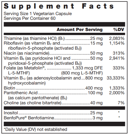 Klean B-Complex Supplement Facts Label