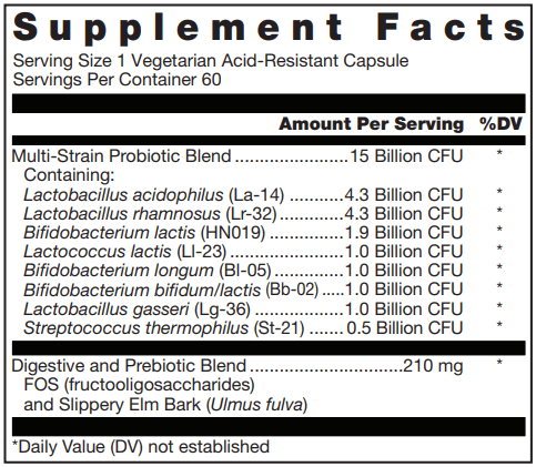 Klean Probiotic Supplement Facts Label