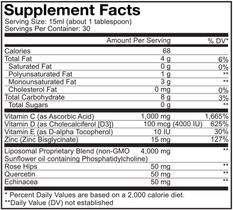 Liposomal Vitamin C Liquid Supplement Facts Label