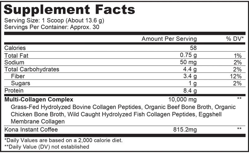 Multi Collagen Peptides - Kona Coffee Supplement Facts Label