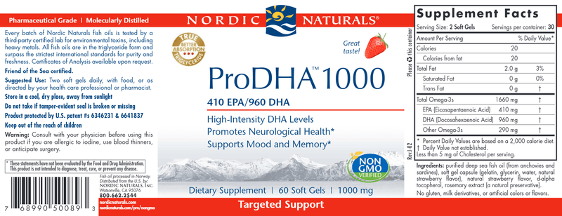 ProDHA 1000 Soft Gels Strawberry (Nordic Naturals) 60ct Label