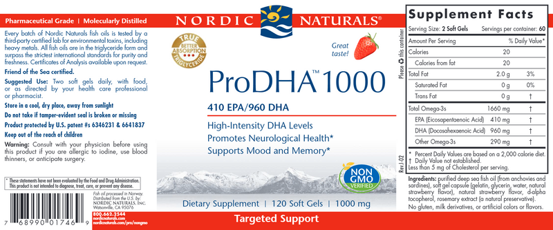 ProDHA 1000 Soft Gels Strawberry (Nordic Naturals) 120ct label