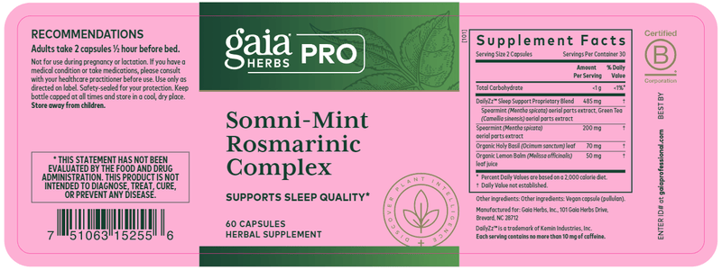 Somni-Mint Rosmarinic Complex (Gaia Herbs Professional Solutions) Label