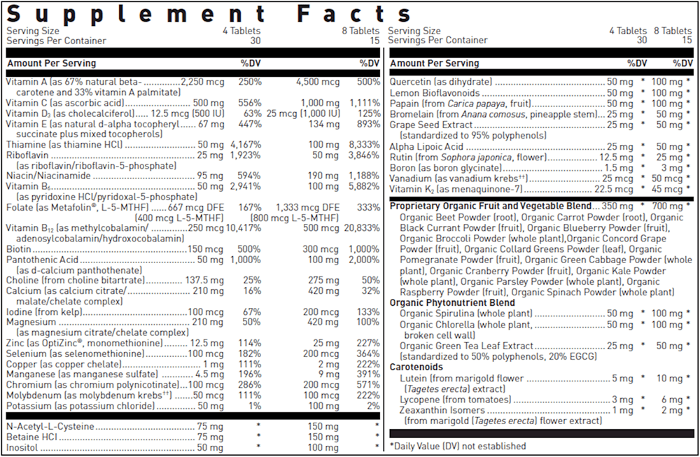 BACKORDER ONLY - Ultra Preventive X 120ct Tablets Supplement Facts Label