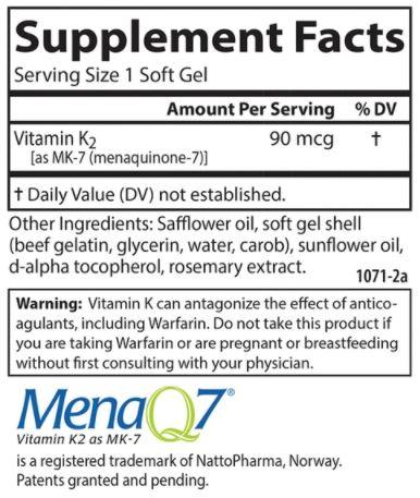 Vitamin K2 MK7 Supplement Facts Label
