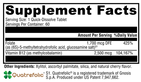 5-MTHF Plus B12 Cherry Supplement Facts Label