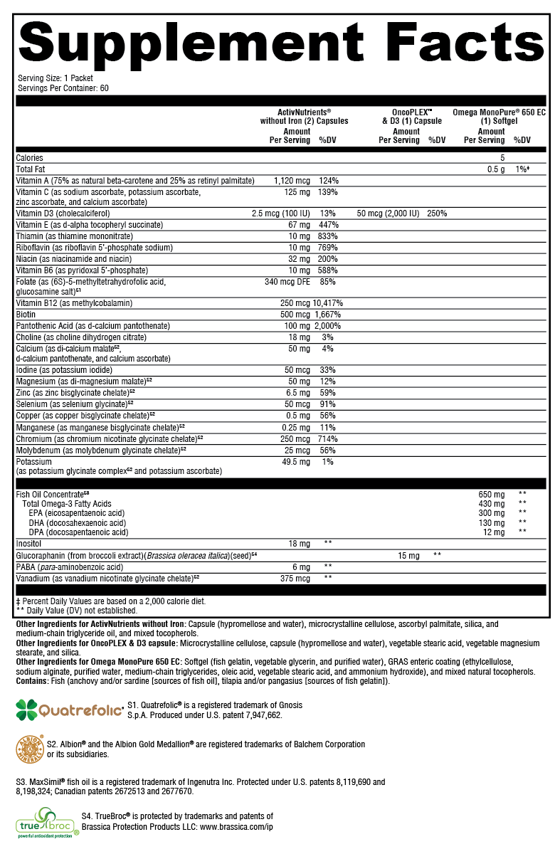 ActivEssentials™ with OncoPLEX™ & D3 Supplement Facts Label