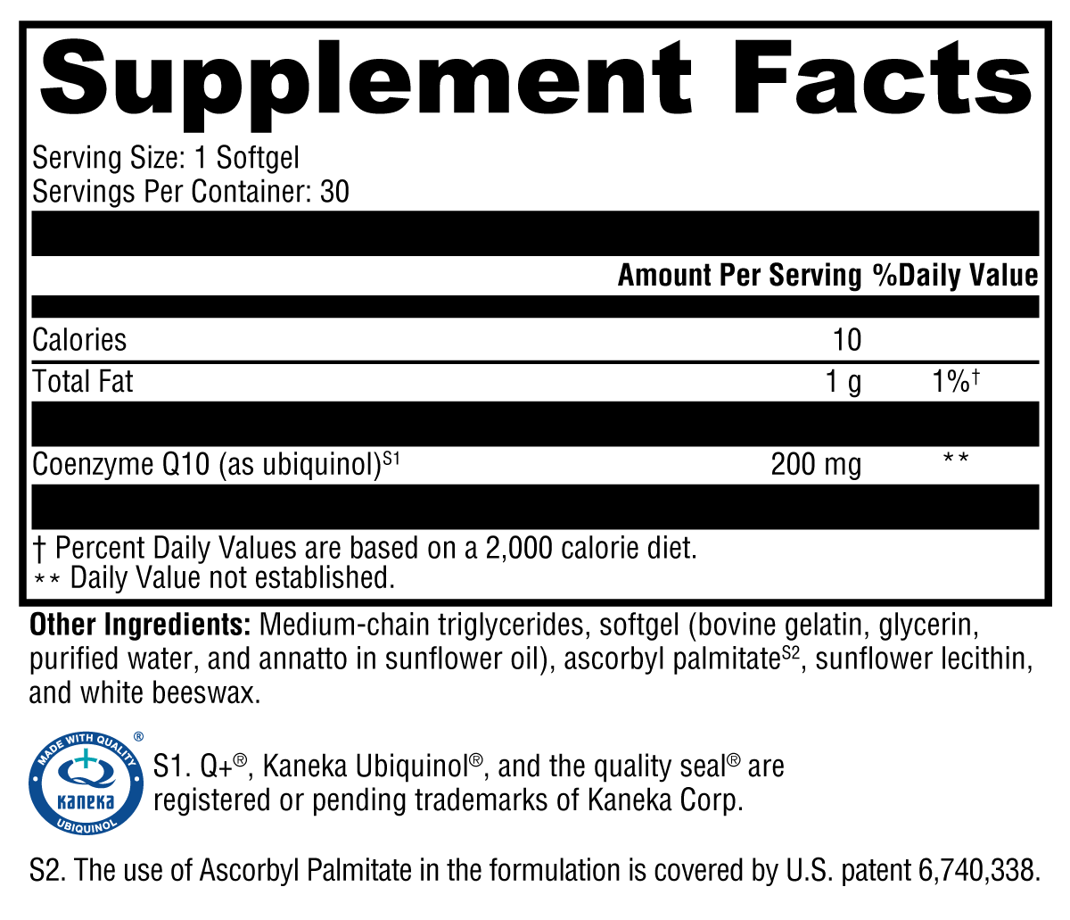 CoQmax™ Ubiquinol 200 mg Supplement Facts Label