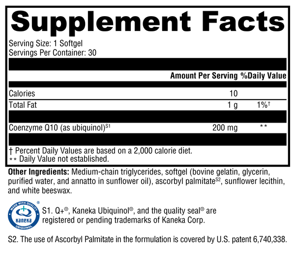 CoQmax™ Ubiquinol 200 mg Supplement Facts Label