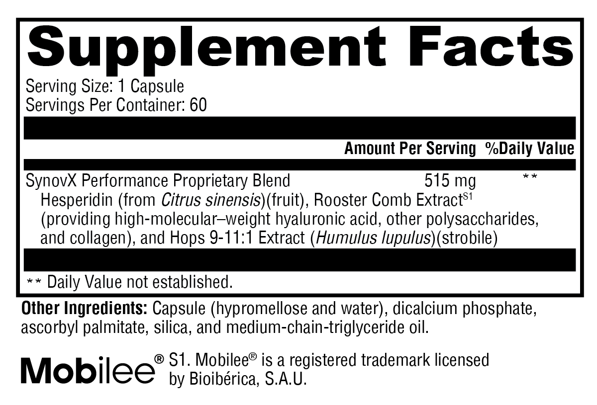 SynovX® Performance Supplement Facts Label