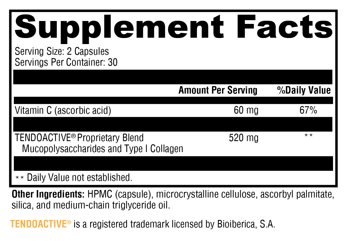 SynovX® Tendon & Ligament Supplement Facts Label