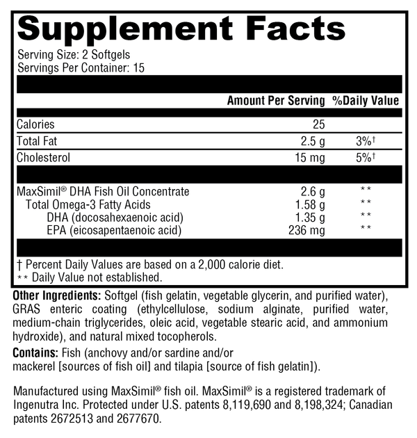 BACKORDER ONLY - Omega MonoPure® DHA EC Supplement Facts Label