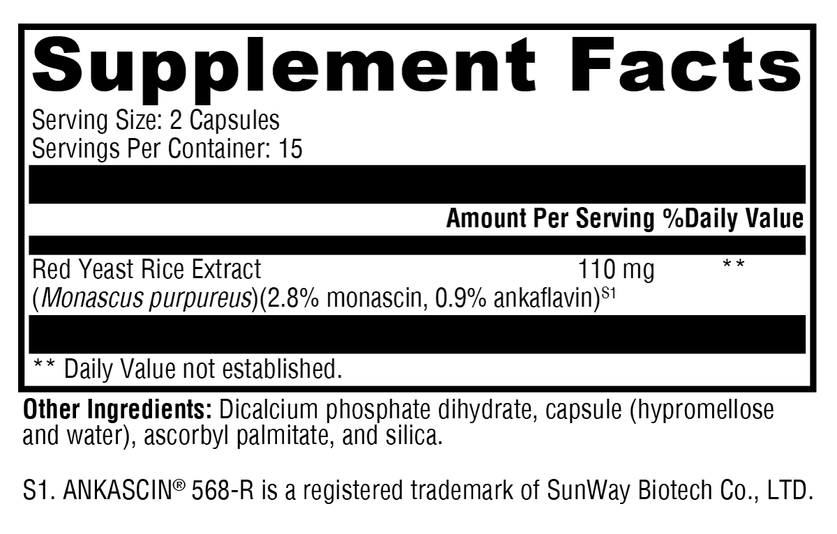 Red Yeast Rice Supplement Facts Label