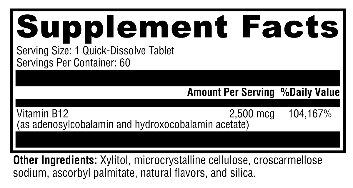 Adeno+Hydroxo B12 Natural Fruit Punch Flavor Supplement Facts Label