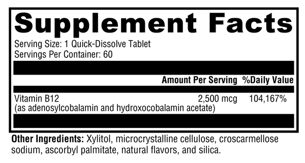 Adeno+Hydroxo B12 Natural Fruit Punch Flavor Supplement Facts Label