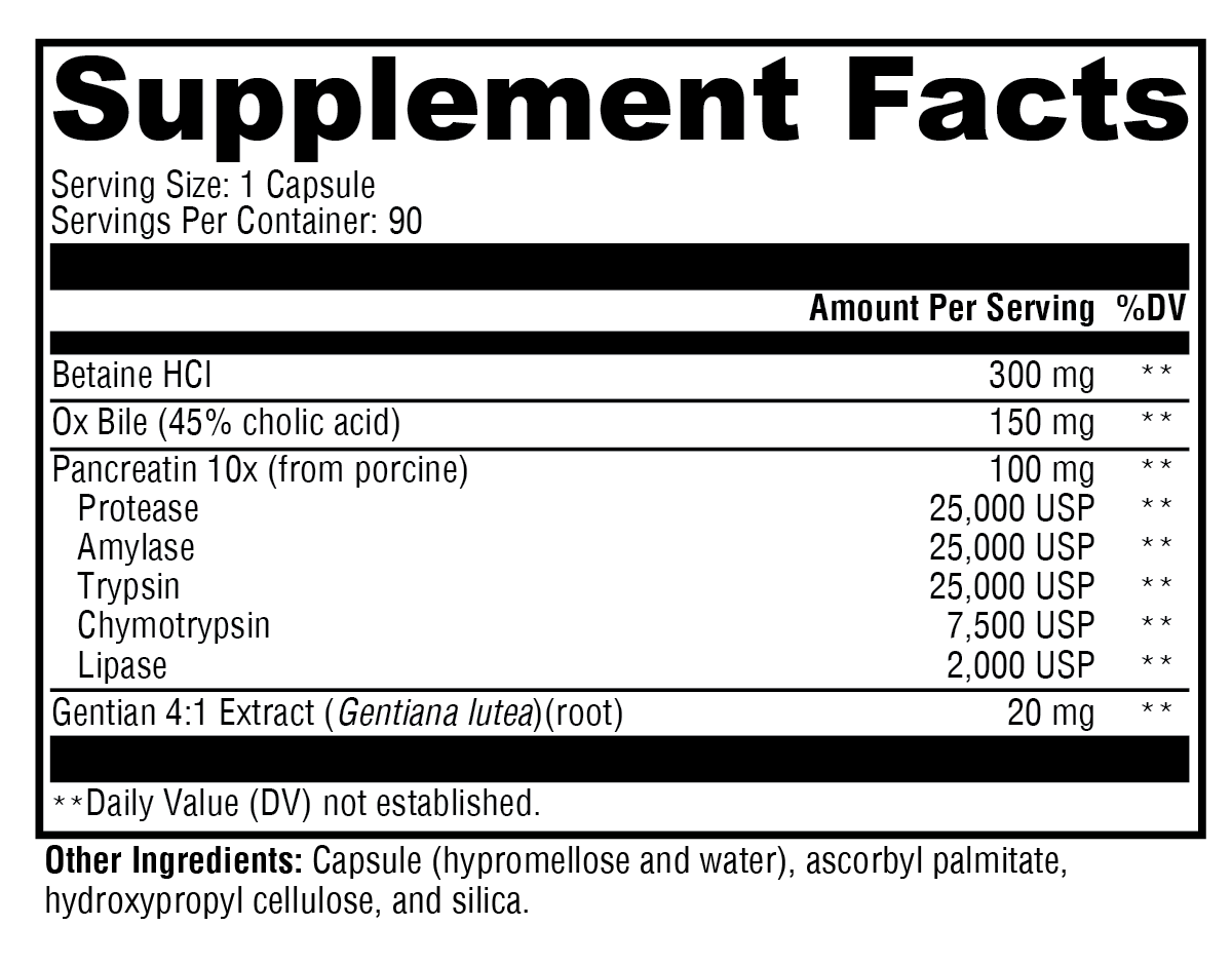 XymoZyme® HCL Supplement Facts Label