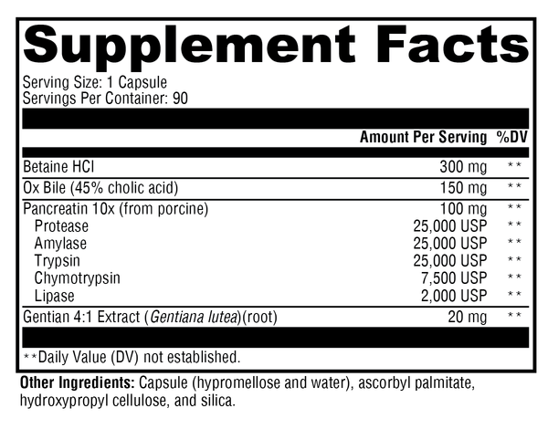 XymoZyme® HCL Supplement Facts Label
