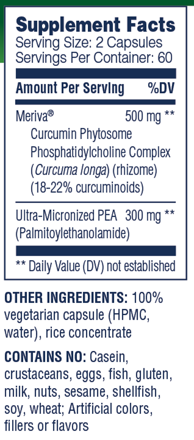 PEA+ Palmitoylethanolamide 120 Capsules Supplement Facts Label