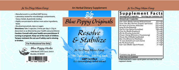 Resolve and Stabilize Supplement Facts Label